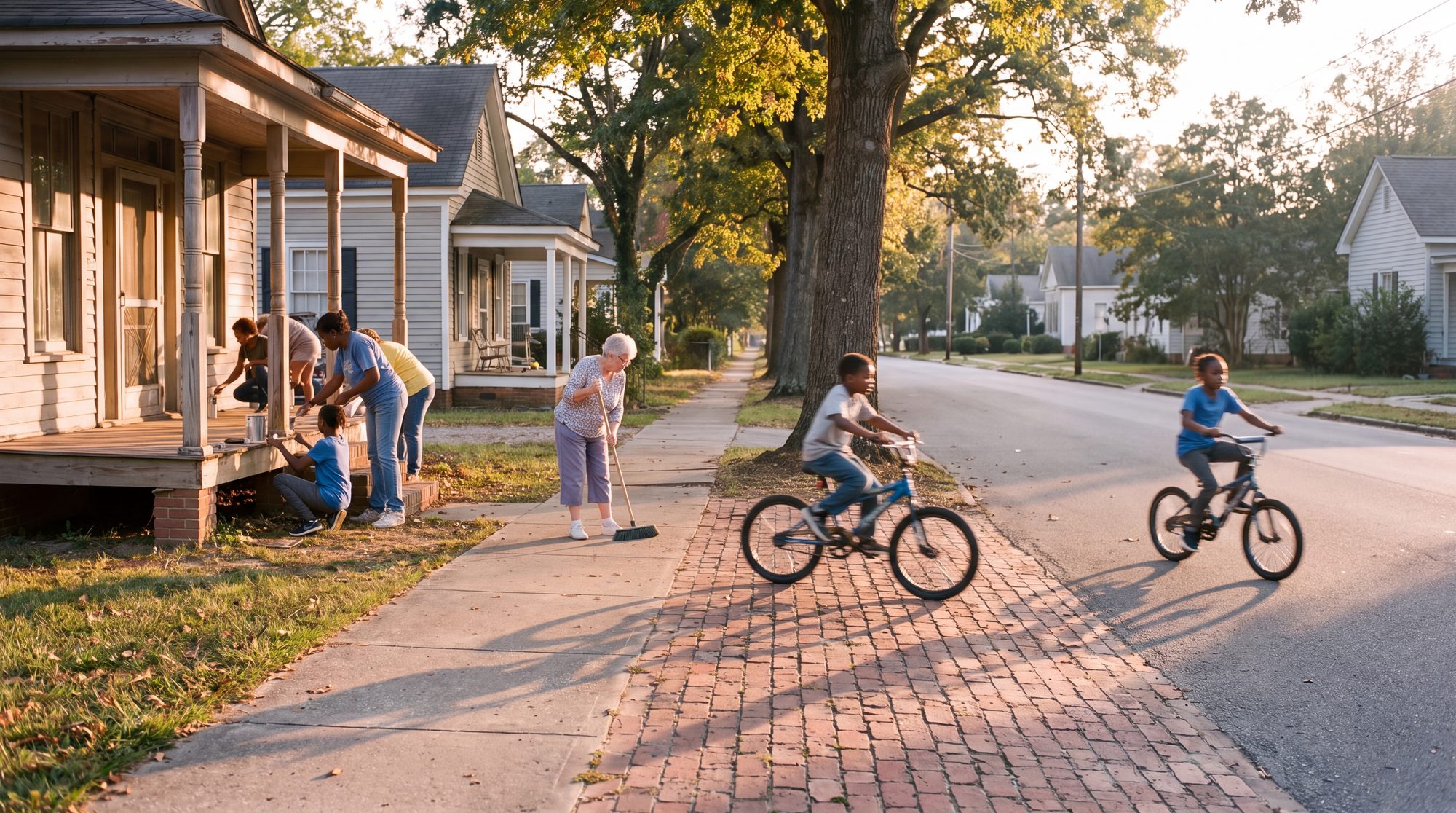 Kids riding bikes under mature oaks