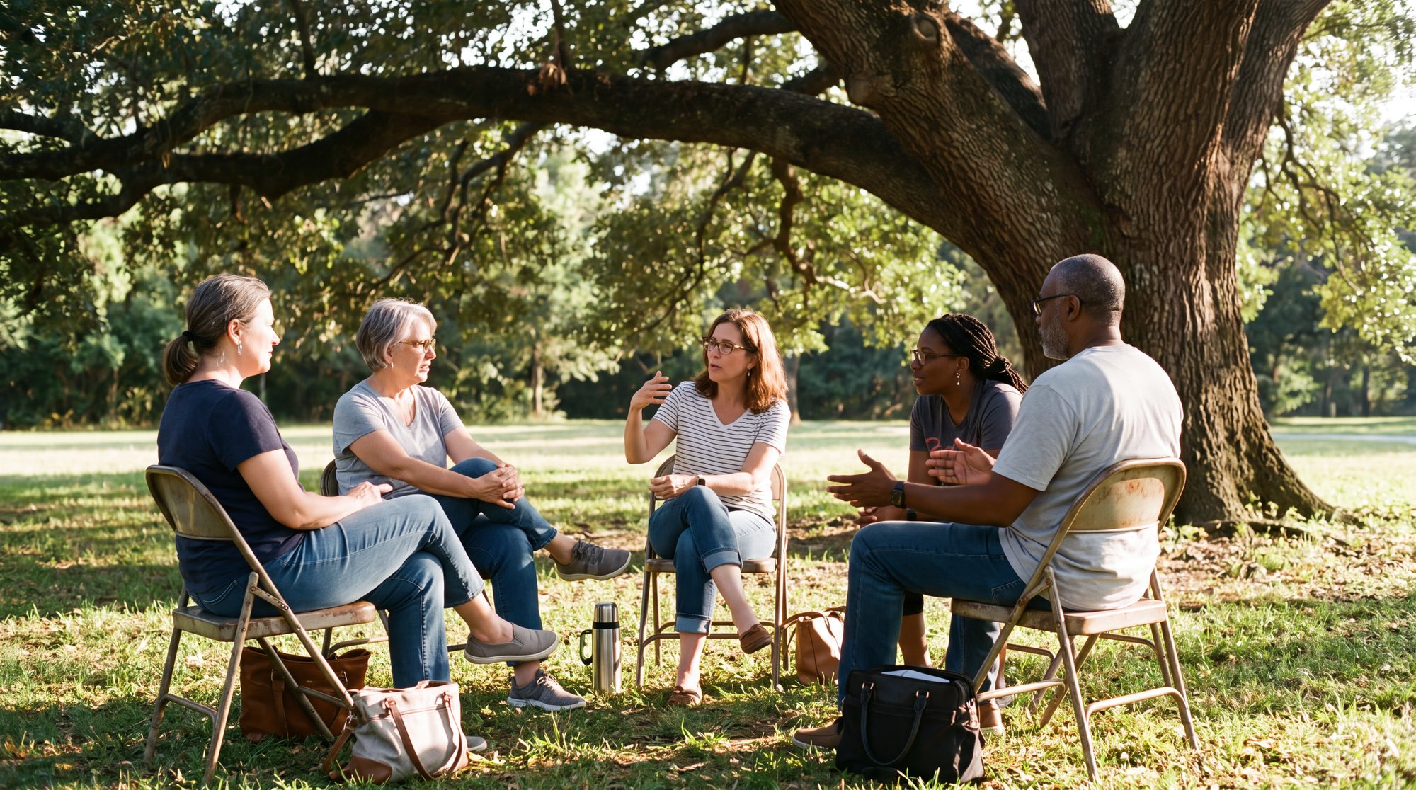 Adults in a circle of folding chairs under a tree