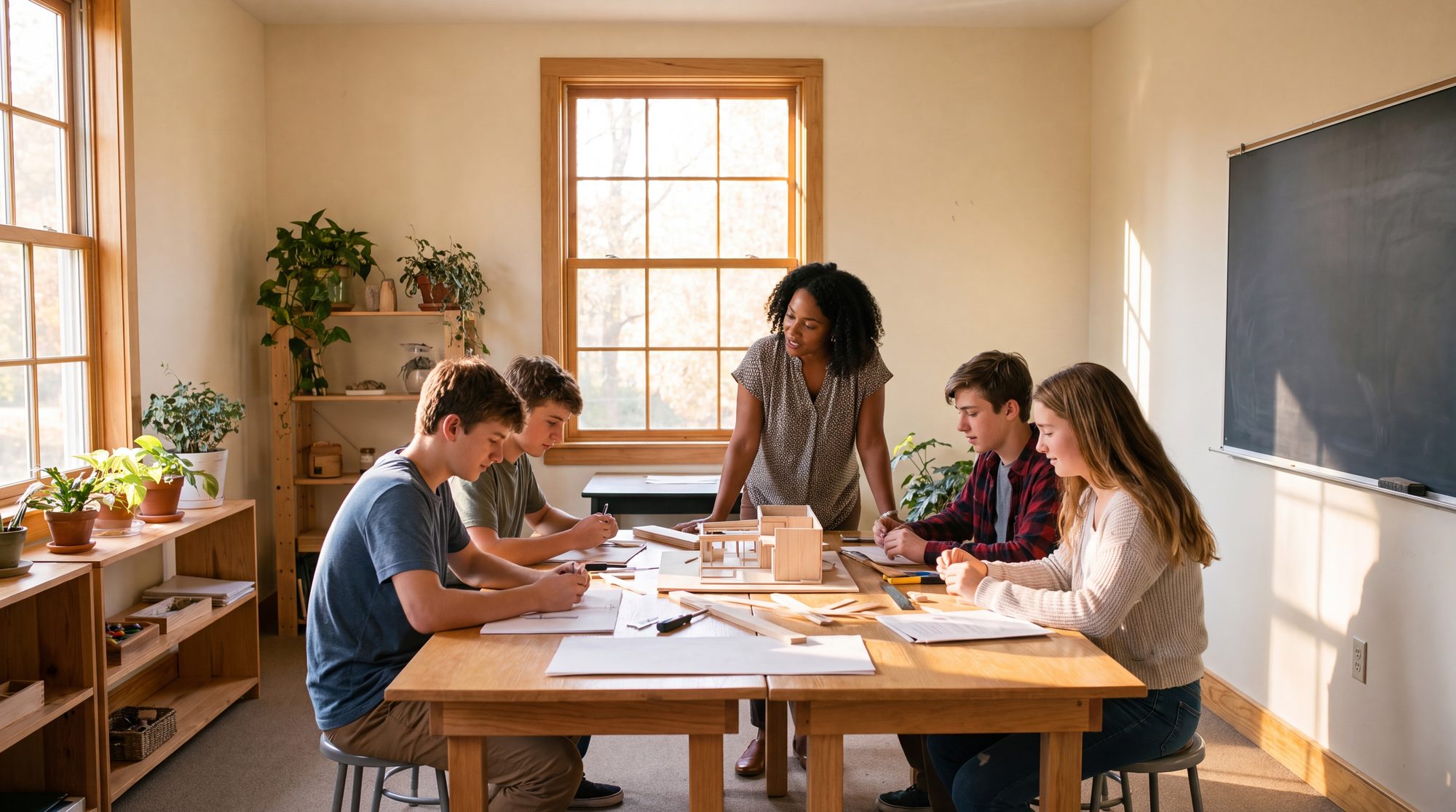 A small class around a table, mid-project