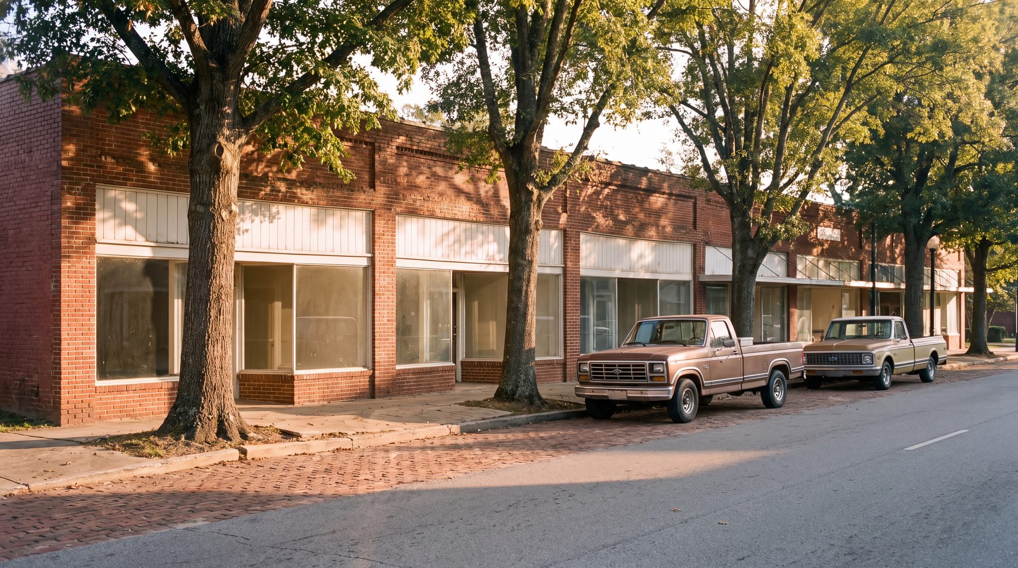 Modest brick storefronts on a small-town main street