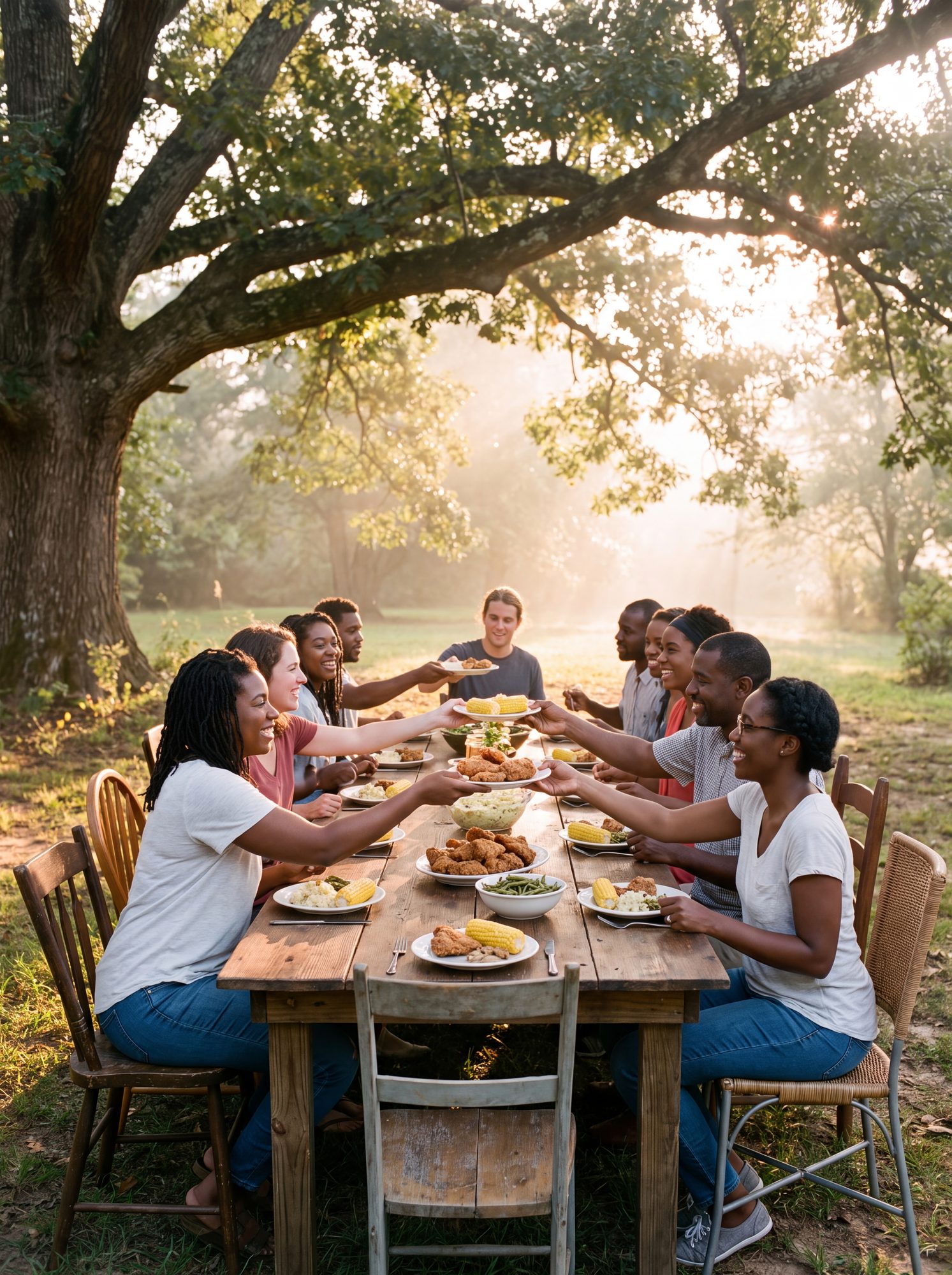 A shared meal at a long table under an oak