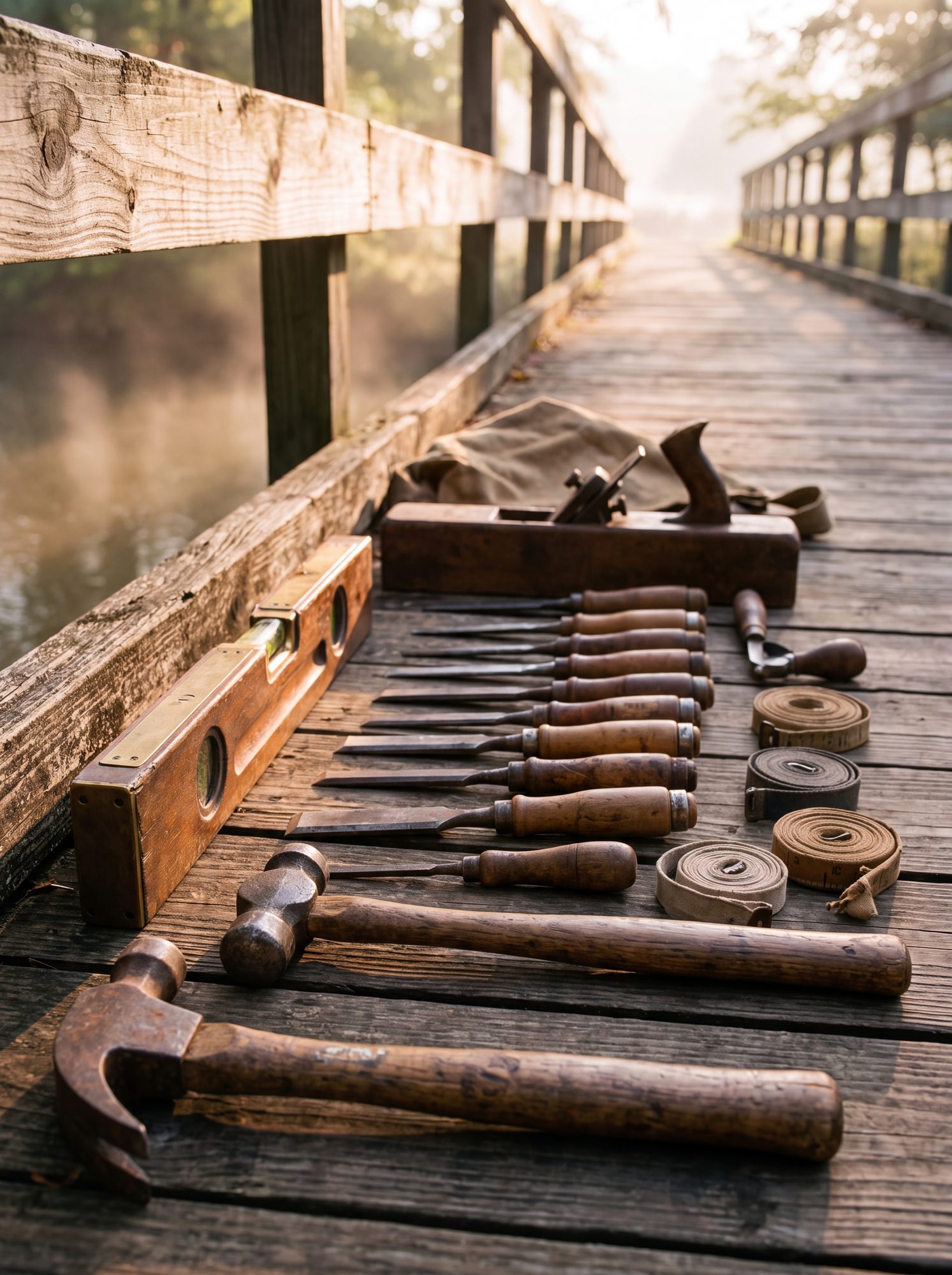 Donated hand tools laid out on a weathered bench