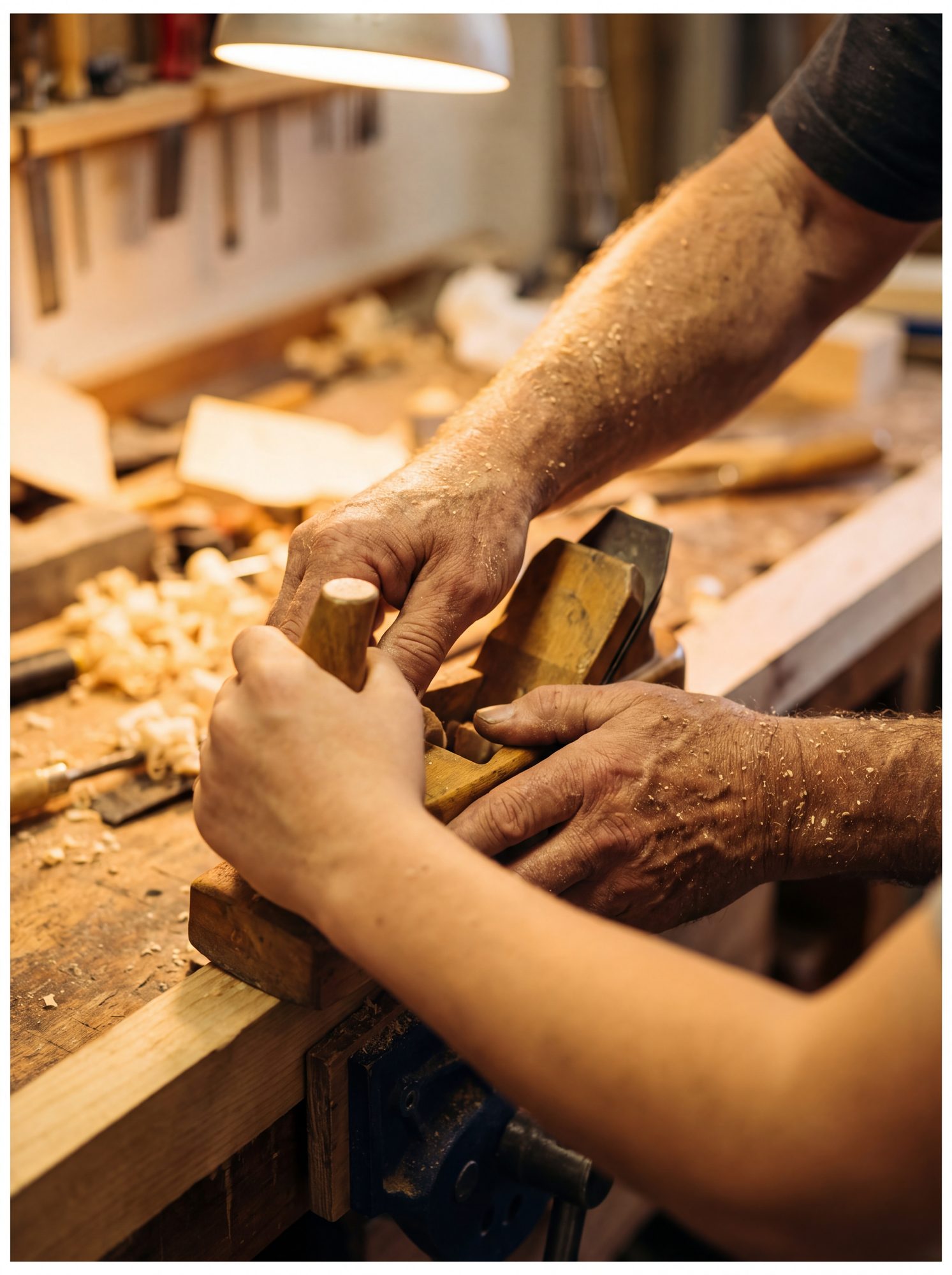 Hands running a plane along a board at the bench