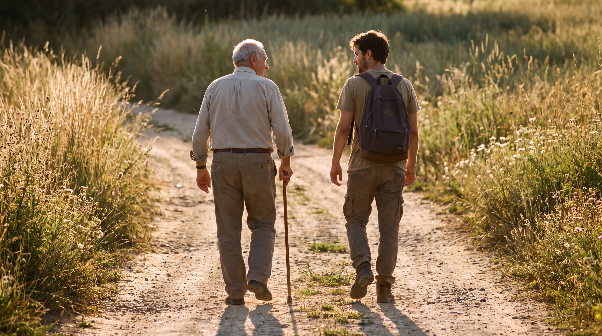 An older man and a young man walking a dirt track